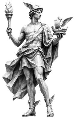 Classical winged messenger statue holding a caduceus and ship model