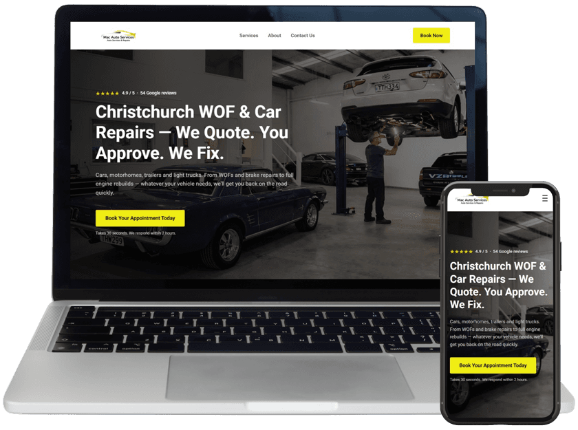 Mac Auto Services website shown on a laptop and phone