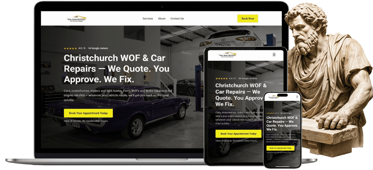 Mac Auto Services website shown on a laptop, tablet and phone beside a classical statue