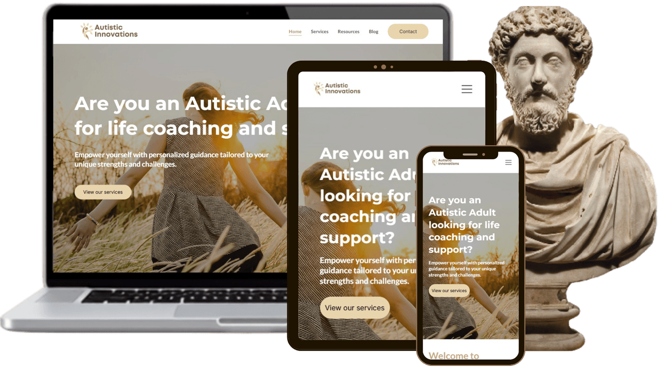 Autistic Innovations website shown on a laptop, tablet and phone beside a classical statue