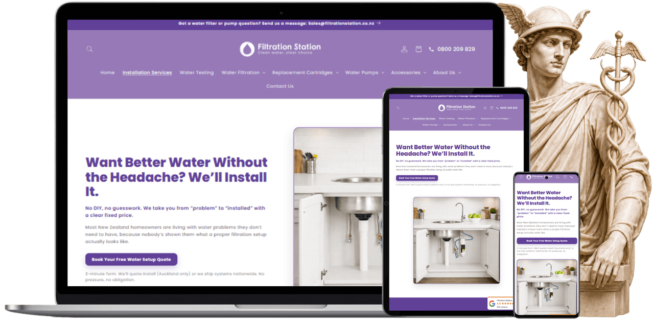 Filtration Station landing page shown on a laptop, tablet and phone beside a classical statue