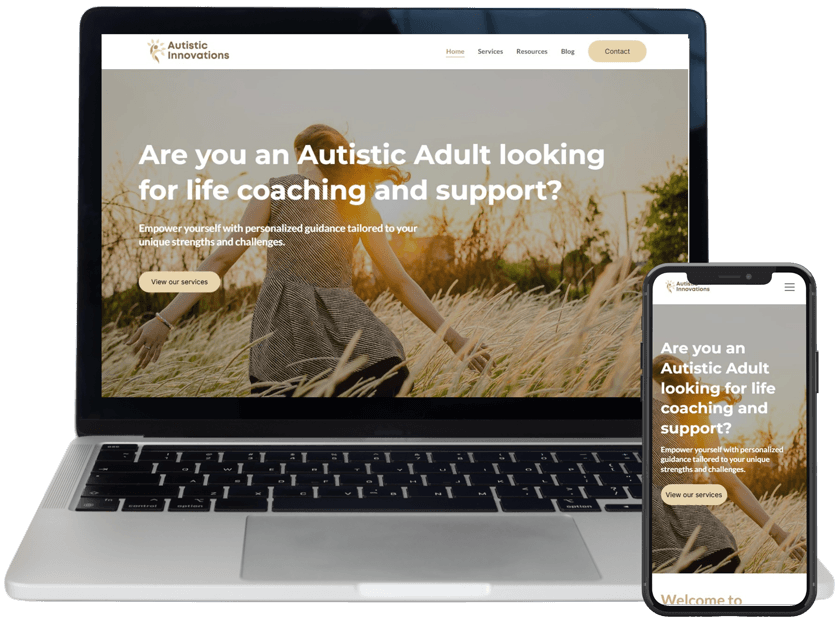 Autistic Innovations website shown on a laptop and phone