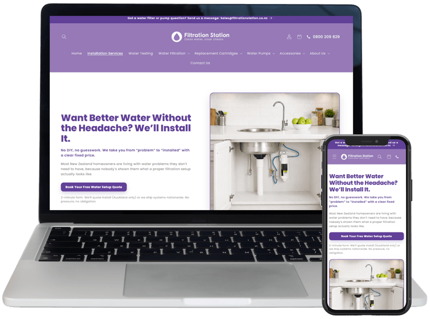 Filtration Station landing page shown on a laptop and phone