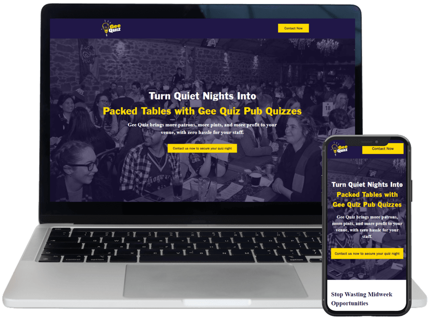 Gee Quiz landing page shown on a laptop and phone