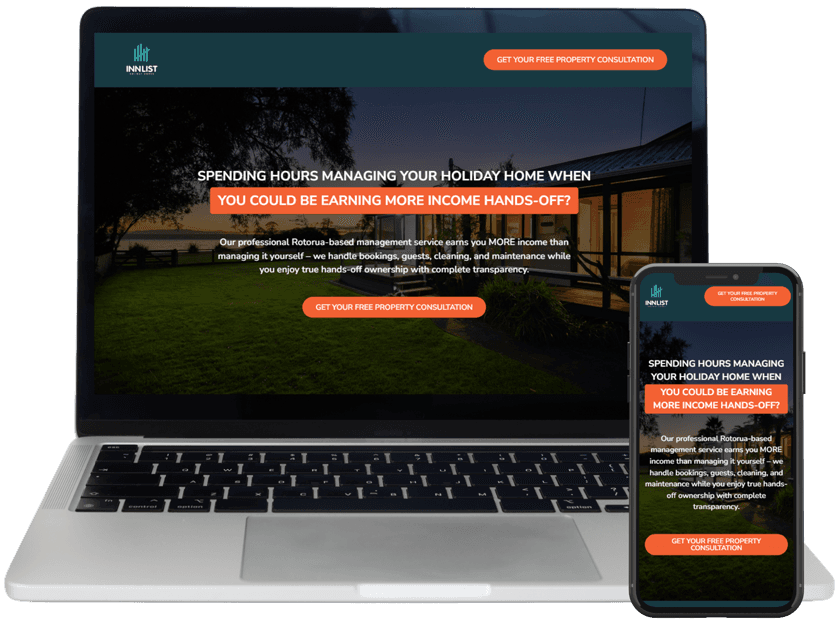 InnList Holiday Homes landing page shown on a laptop and phone