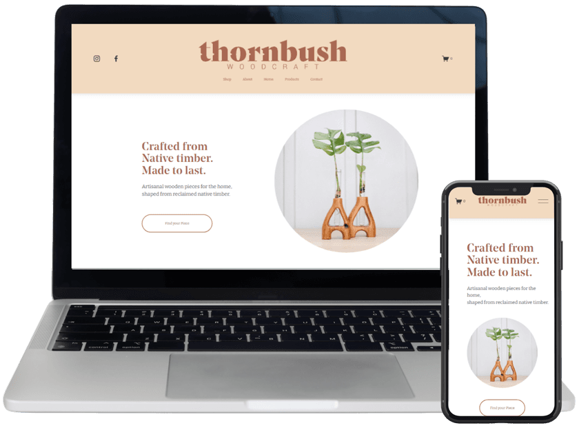 Thornbush Woodcraft website shown on a laptop and phone